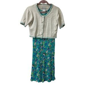 Molly Malloy Vtg Womens Sz Large Petie Blue Floral Midi dress w/ Sweater Cottage